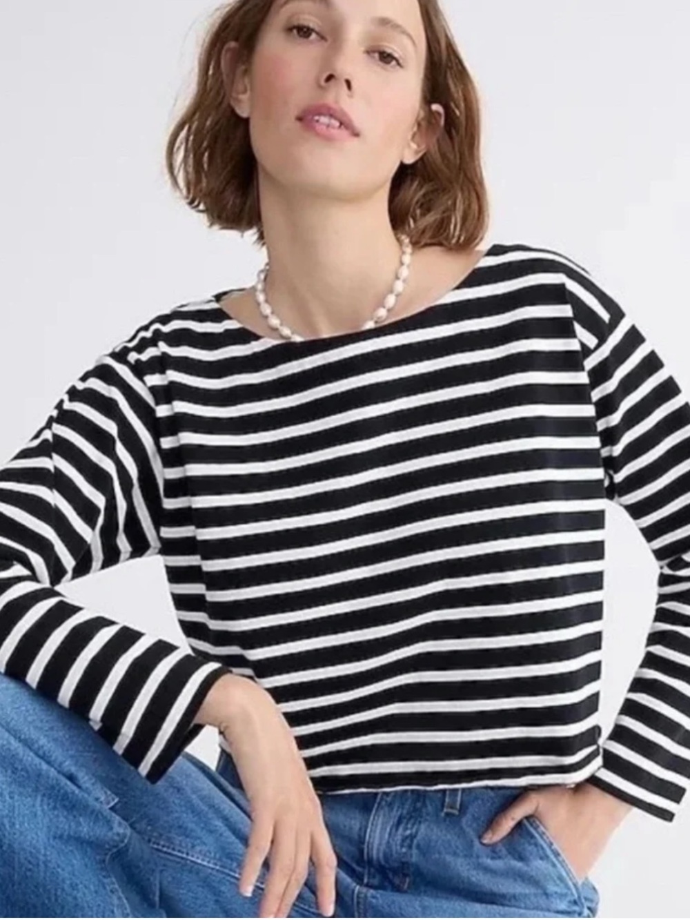 J. Crew Black and White Striped Long-Sleeve Boatneck Top